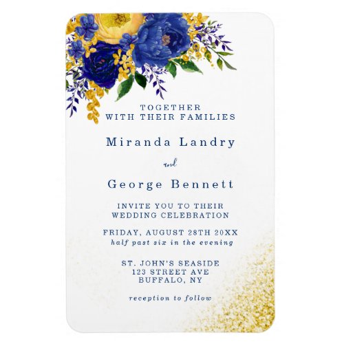 Navy Blue Yellow Floral Gold Wedding Invite Magnet