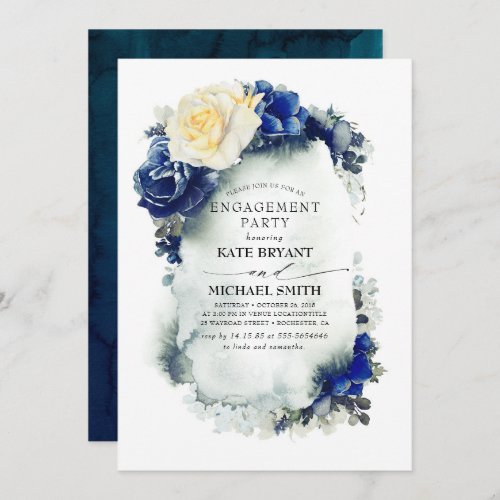 Navy Blue Yellow Floral Modern Engagement Party Invitation