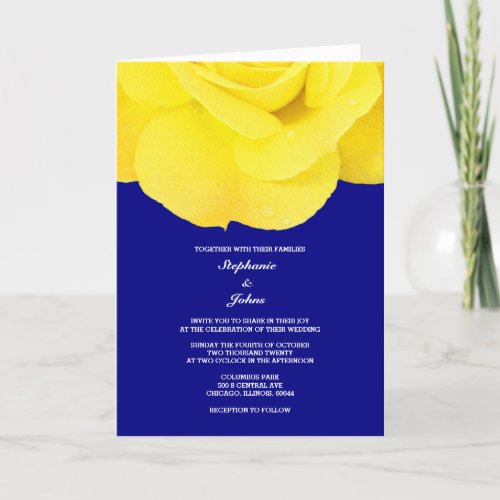 Navy Blue Yellow Floral Rose Spring Summer Wedding Invitation