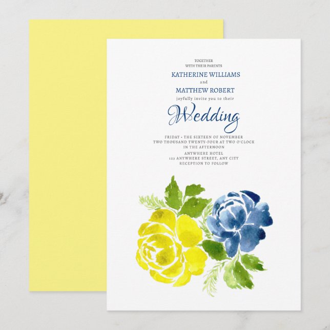 Navy Blue Yellow floral Summer Wedding  Invitation (Front/Back)