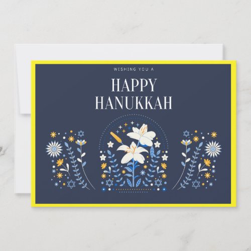 Navy blue  yellow florals with Happy Hanukkah Note Card