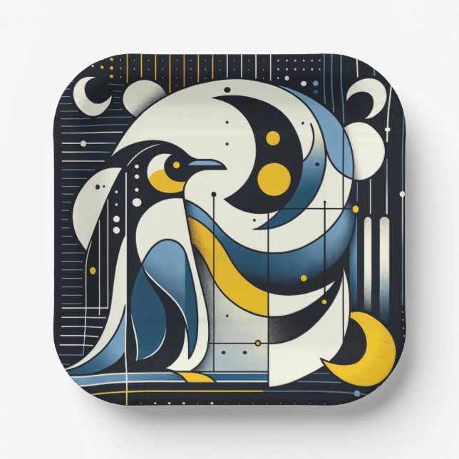 Navy Blue Yellow Geometric Abstract Penguin Art Paper Plates (Front)
