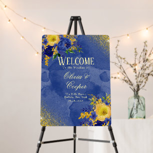 Navy Blue Yellow Gold Floral Wedding Welcome Sign