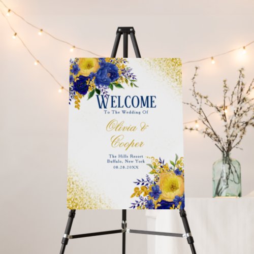 Navy Blue Yellow Gold Floral Wedding Welcome Sign
