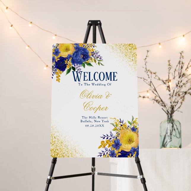 Navy Blue Yellow Gold Floral Wedding Welcome Sign (In Situ (Stand))