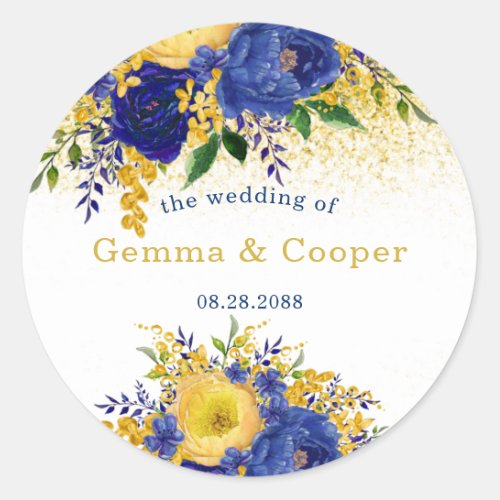 Navy Blue Yellow Gold Paint Floral Wedding Classic Round Sticker