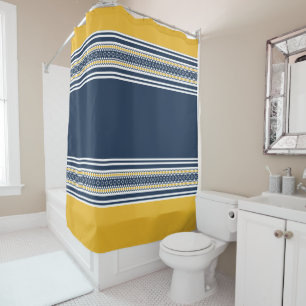 Navy Blue Yellow Gold White Patterned Stripes Shower Curtain