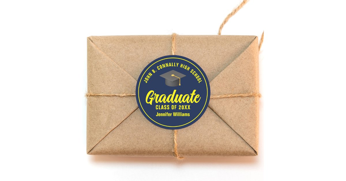 Navy Blue Yellow Graduate Custom Graduation Party Classic Round Sticker ...