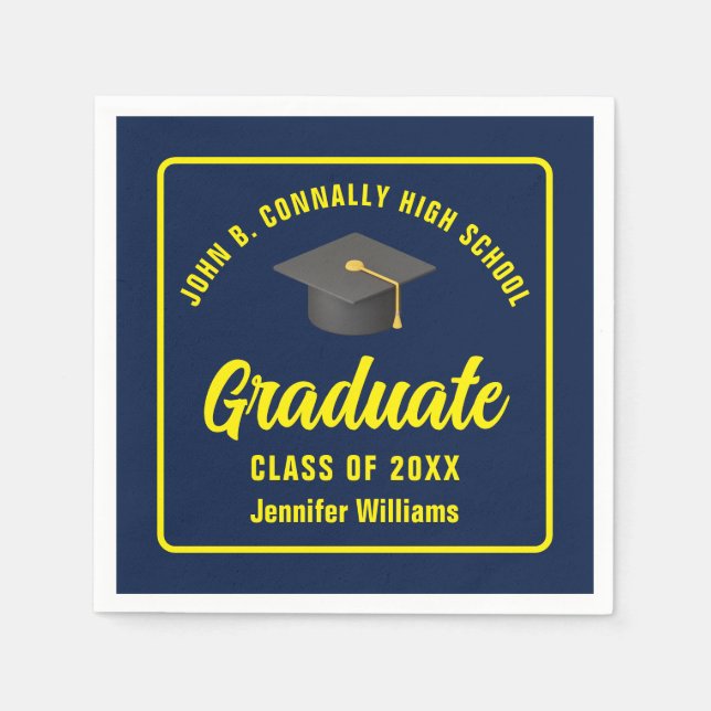 Navy Blue Yellow Graduate Custom Graduation Party Napkins (Front)