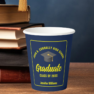Navy Blue Yellow Graduate Custom Graduation Party Paper Cups