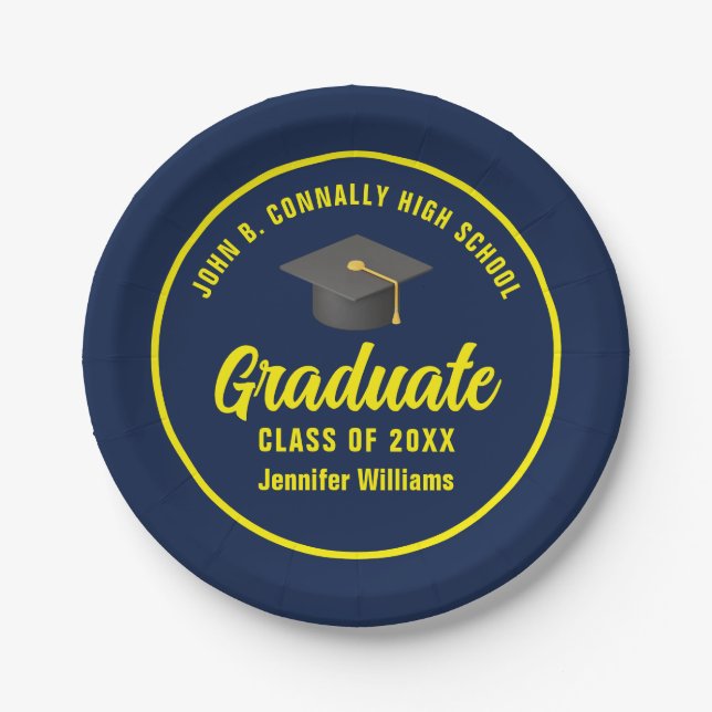 Navy Blue Yellow Graduate Custom Graduation Party Paper Plates (Front)