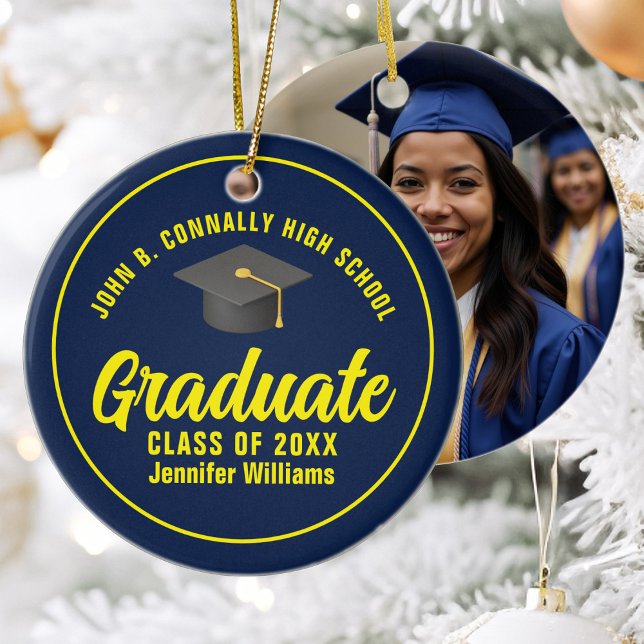 Navy Blue Yellow Graduation Custom Graduate Photo Ceramic Ornament (Creator Uploaded)