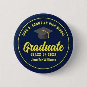 Navy Blue Yellow Graduation Party Personalized Button