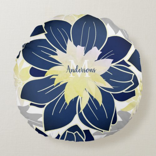 Navy Blue Yellow Gray  Watercolor Floral Pattern  Round Pillow