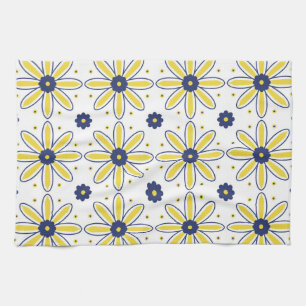 Navy Blue & Yellow Mediterranean Daisy Tile Kitchen Towel