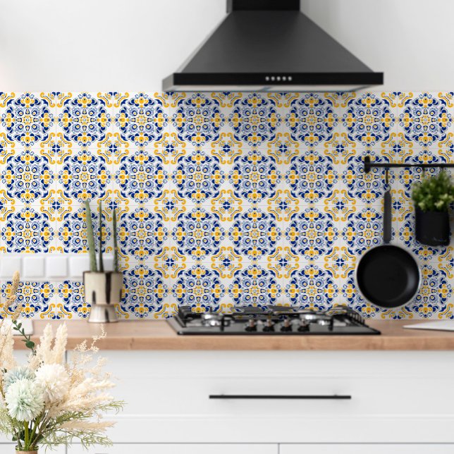 Navy Blue Yellow Mediterranean Pattern White Ceramic Tile (Creator Uploaded)