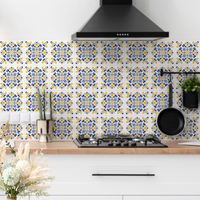 Navy Blue Yellow Mediterranean Stylish White Ceramic Tile (Creator Uploaded)