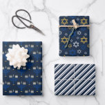 Navy Blue & Yellow Mixed Hanukkah Patterns Wrapping Paper Sheets<br><div class="desc">Hanukkah pattern wrapping paper sheets in navy blue,  blue,  and yellow with menorahs,  stars of Davids,  and stripes.</div>