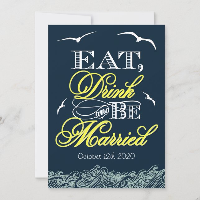Navy Blue & Yellow Nautical Wedding Invitations (Front)