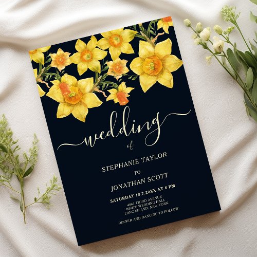 Navy blue yellow orange daffodils floral wedding  invitation