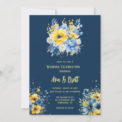 Navy Blue Yellow Painted Floral Gold Wedding Invitation