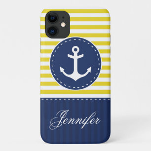 Navy Blue Yellow Pattern Anchor Customizable iPhone 11 Case