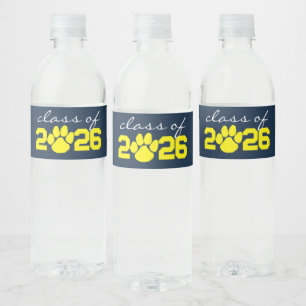Navy Blue & Yellow Paw Print Graduation Water Bottle Label