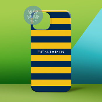 Navy Blue Yellow Rugby Stripes Custom Name Iphone 15 Case by MarshBaby at Zazzle