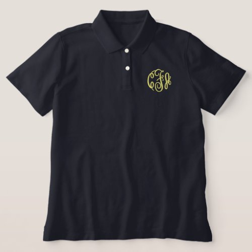 Navy Blue Yellow Script Monogrammed Womens  Embroidered Polo Shirt