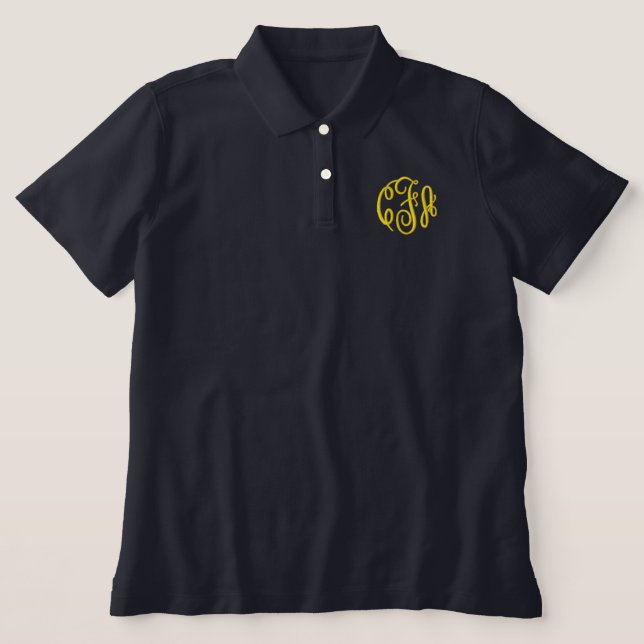 Navy Blue Yellow Script Monogrammed Women's  Embroidered Polo Shirt (Design Front)