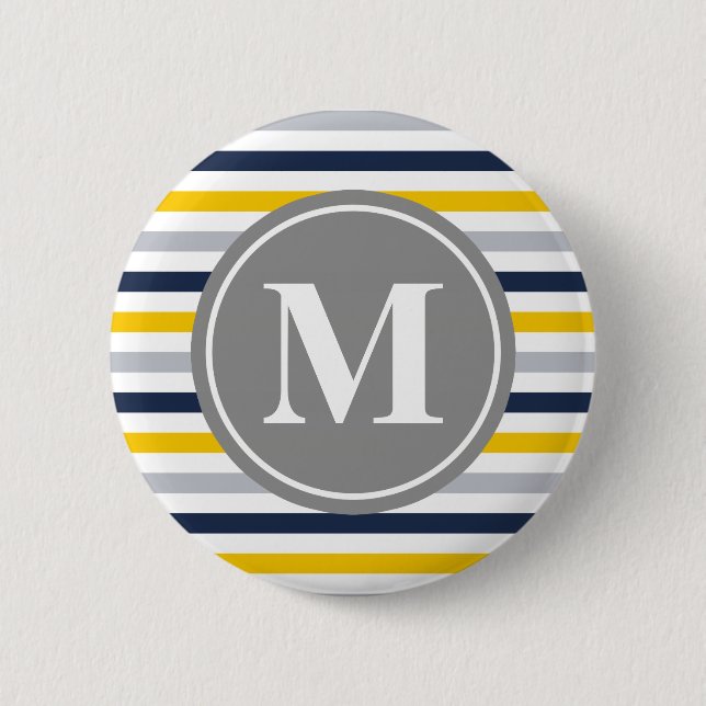 Navy Blue Yellow Striped Pattern Monogram Button (Front)