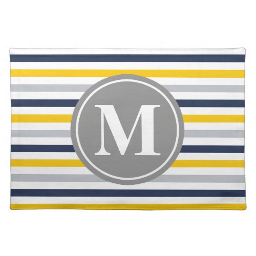 Navy Blue Yellow Striped Pattern Monogram Cloth Placemat