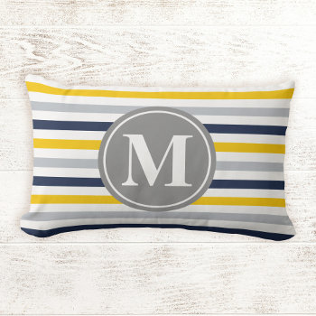Navy Blue Yellow Striped Pattern Monogram Lumbar Pillow by DoodlesGiftShop at Zazzle