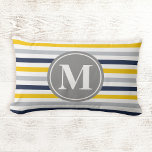 Navy Blue Yellow Striped Pattern Monogram Lumbar Pillow at Zazzle