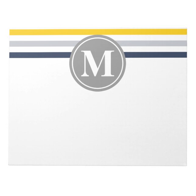 Navy Blue Yellow Striped Pattern Monogram Notepad (Front)