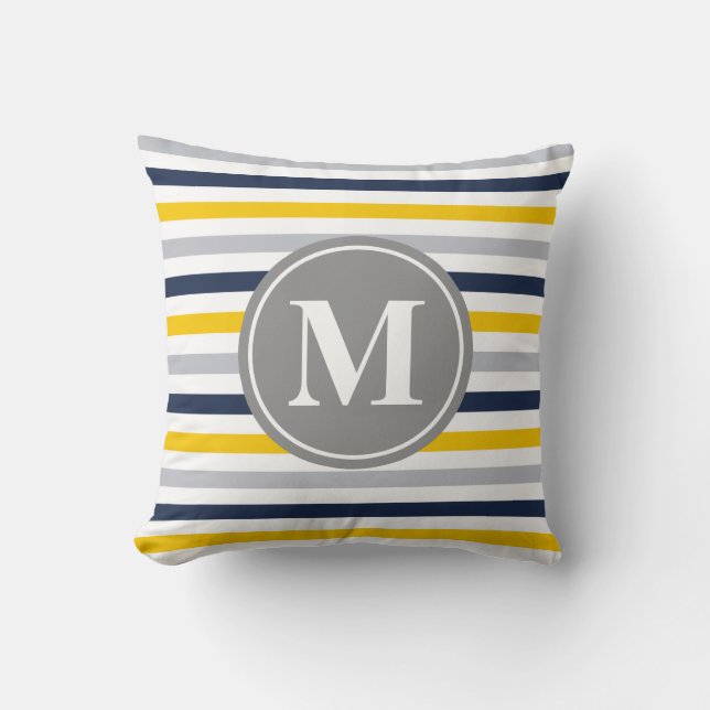 Navy Blue Yellow Striped Pattern Monogram Throw Pillow (Front)