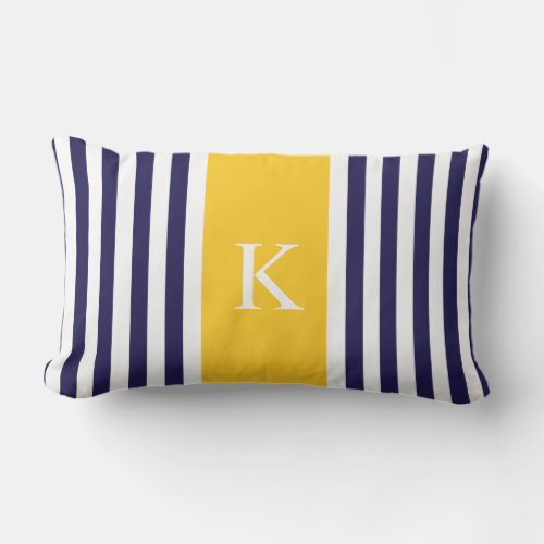 Navy Blue Yellow Stripes Monogram Lumbar Pillow