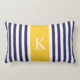 Navy Blue Yellow Stripes Monogram Lumbar Pillow