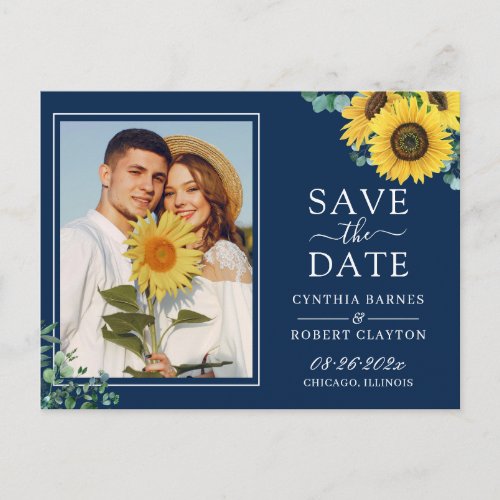 Navy Blue Yellow Sunflower Photo Save the Date Postcard