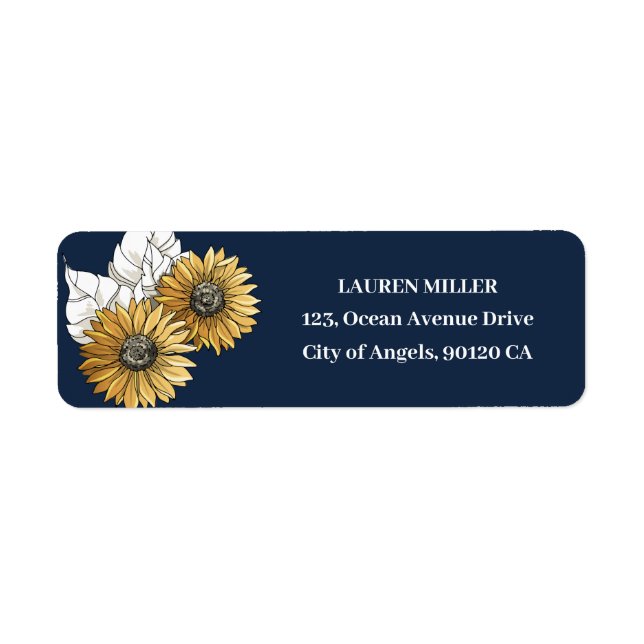 Navy Blue Yellow Sunflower Spring Floral Wedding Label (Front)