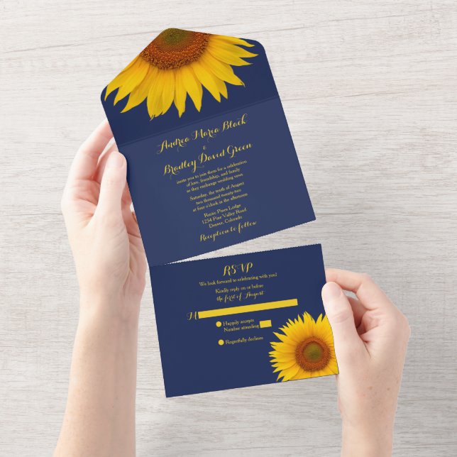 Navy Blue Yellow Sunflower Wedding RSVP All In One Invitation (Tearaway)