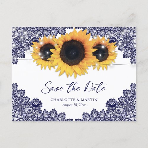Navy Blue Yellow Sunflower Wedding Save The Date Announcement Postcard