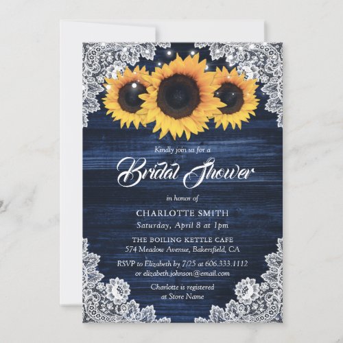 Navy Blue Yellow Sunflower Wood Lace Bridal Shower Invitation