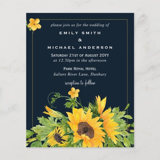 Navy Blue Yellow Sunflowers Wedding Invites | Zazzle.com
