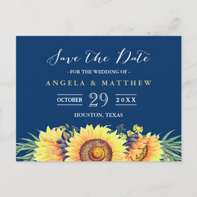 Navy Blue Yellow Sunflowers Wedding Save the Date Announcement Postcard (Front)