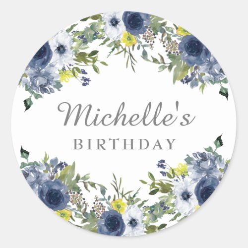 Navy Blue Yellow Watercolor Floral Birthday Classic Round Sticker