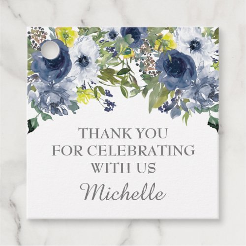 Navy Blue Yellow Watercolor Floral Thank You Favor Tags