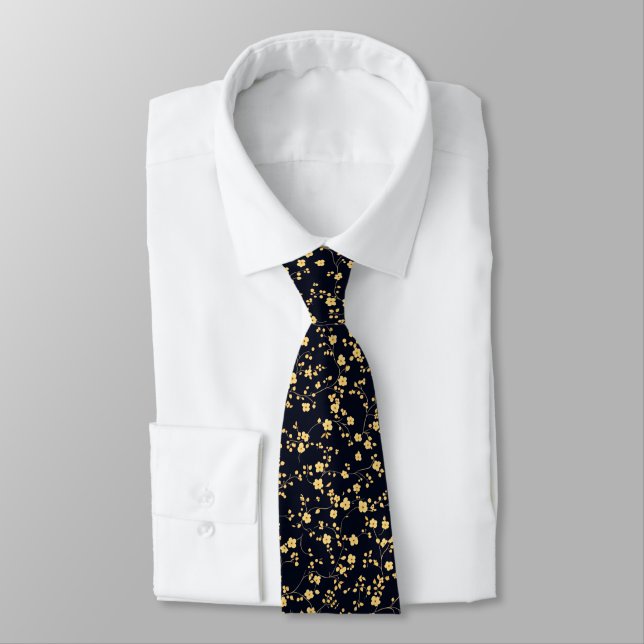 Navy Blue Yellow Watercolor Flowers, Vines Elegant Neck Tie (Tied)