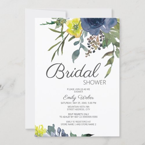 Navy Blue Yellow White Floral Bridal Shower Invitation