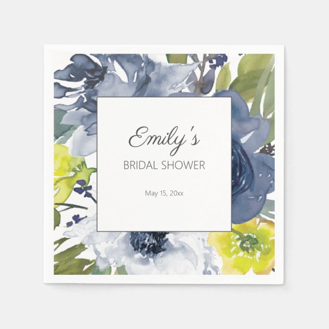 Navy Blue Yellow White Floral Bridal Shower Napkins (Front)